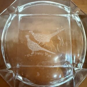 Vintage Square Heavy 8” Crystal Glass Ash Tray. Has 2 Pheasants etched in it.